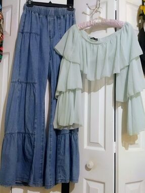 Women’s High-Waist Tiered Denim Palazzo Pants Light Blue+Tiered Light Green Crop